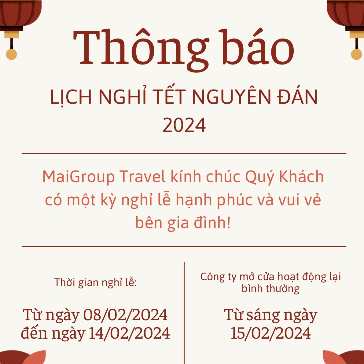 THÔNG BÁO LỊCH NGHỈ TẾT NGUYÊN ĐÁN 2024